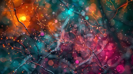 A colorful, abstract image depicting a neural network, showcasing the interconnected nodes and pathways that drive AI processing and learning. Generative AI