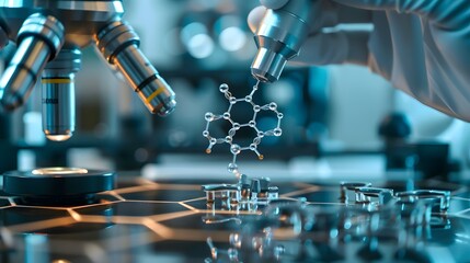 Scientist displaying a piece of graphene with a hexagonal molecular structure.