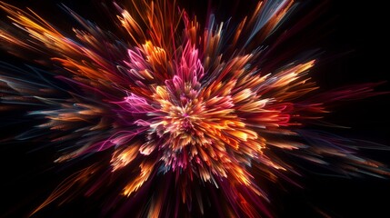 An abstract explosion of color and light, reminiscent of a fireworks display frozen in time against a velvet-black backdrop.