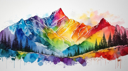 Rainbow Watercolor Painting, Mountain Landscape, background texture, graphic resource	

