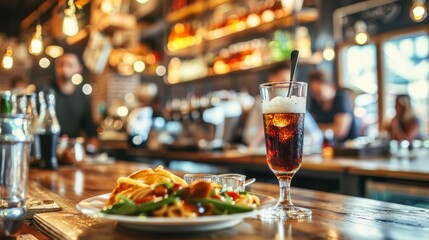Lively bar scene with food and drinks on counter.
