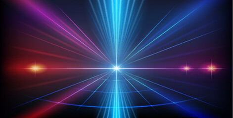 Abstract Colorful Geometry Red and Blue Neon Background with Bright Ray Halo in Retro Wave Style. Vector clip art for your night party design.