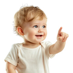 Lovey baby pointing to choose and press white background