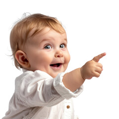 Lovey baby pointing to choose and press white background