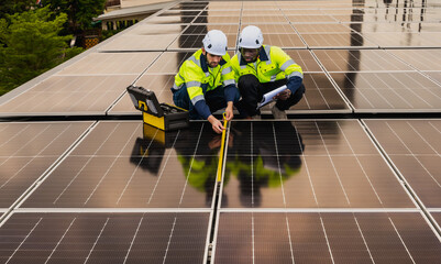 Two professional solar engineer men working with solar panels together on roof