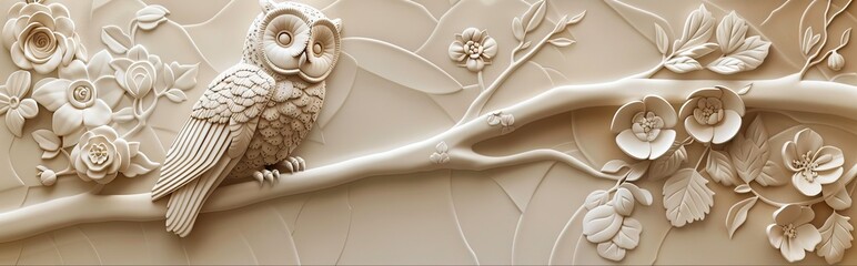 Obraz premium Beautiful owl 3d relief wallpaper. Mural wallpaper. Wall art. AI generated illustration.