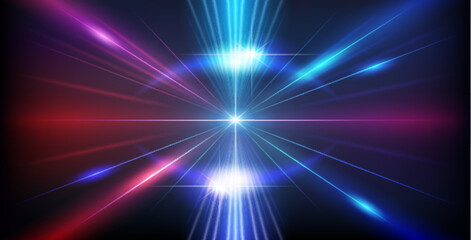 Abstract Colorful Geometry Red and Blue Neon Background with Bright Ray Halo in Retro Wave Style. Vector clip art for your night party design.