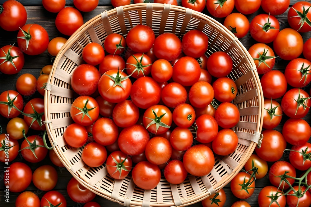 Wall mural a bunch of fresh red ripe tomatoes are in a basket