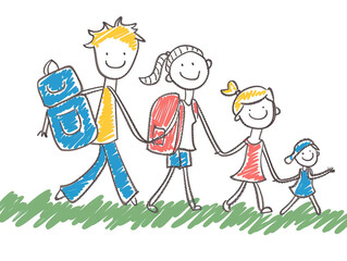 Illustration of a family on vacation. They look happy. Children hand drawn with cartoon style.