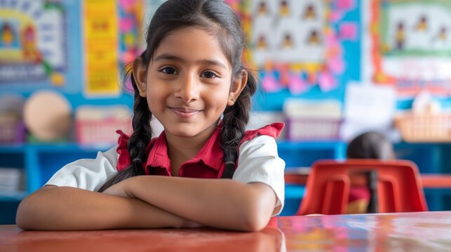 Smiling Indian elementary school girl sitting at a classroom desk, educational setting for learning and development, ideal for school-related content and stock photography needs