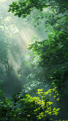Naklejka premium Sunlight shining through misty forest canopy