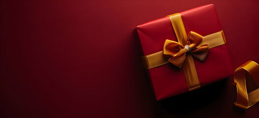 Red gift box with gold ribbon on red background.