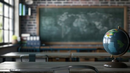 Books and a globe, light colors on the background of the blackboard, studies on the background.
