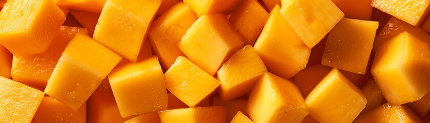 Closeup of diced mango chunks, bright and juicy