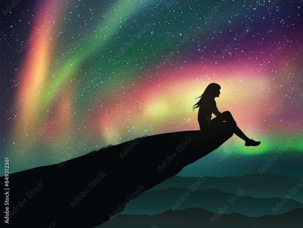 Poster woman sitting on cliff. mountain hiking at night. aurora borealis