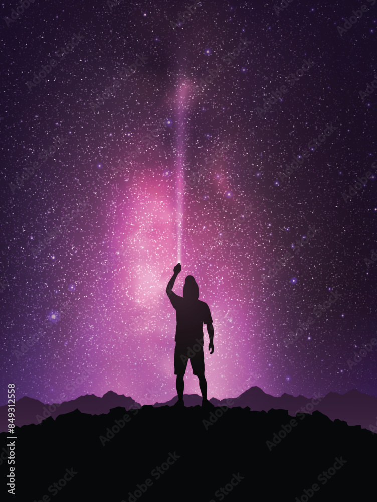 Poster man with flashlight on rock. hiking at night. milky way in starry sky
