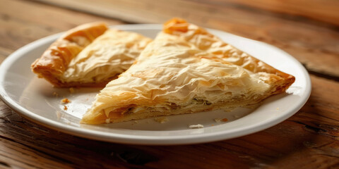 Spanakopita on a white ceramic plate, Traditional Greek pastry with flaky crust, golden brown texture