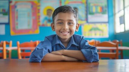 Fototapeta premium Smiling Bangladeshi Elementary School Boy in Classroom Setting, Ideal for Educational Projects and School Campaigns