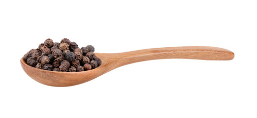 Black pepper corns in wood spoon isolated on transparent png top view