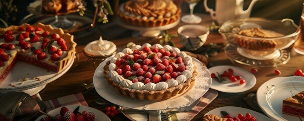 Friends hosting a pie baking contest for National Seafood Bisque Day, October 19th, enjoying homemade pies, 4K hyperrealistic photo.