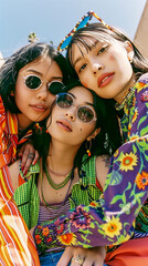 Obraz premium Female friends in vibrant clothing enjoying a music festival 