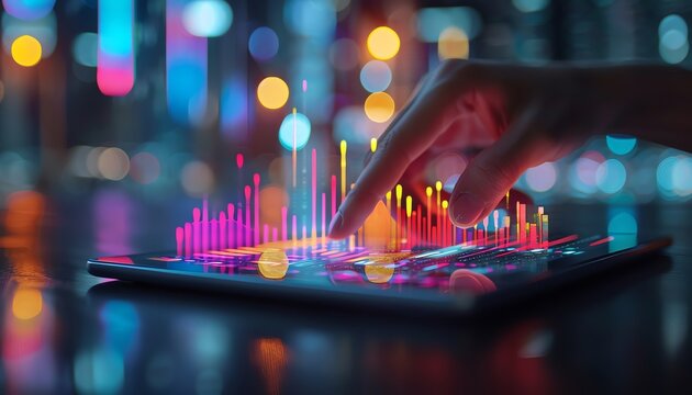 Person using a tablet with holographic financial charts, modern data analysis