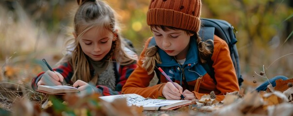 Kids creating gratitude journals for National Take a Hike Day, November 17th, reflecting on nature and gratitude, 4K hyperrealistic photo.