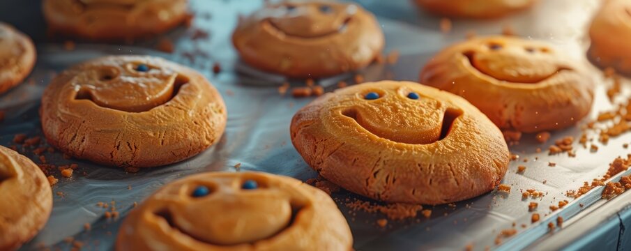 Friends having a baking session for World Smile Day, October 7th, creating smiley-faced cookies, 4K hyperrealistic photo.