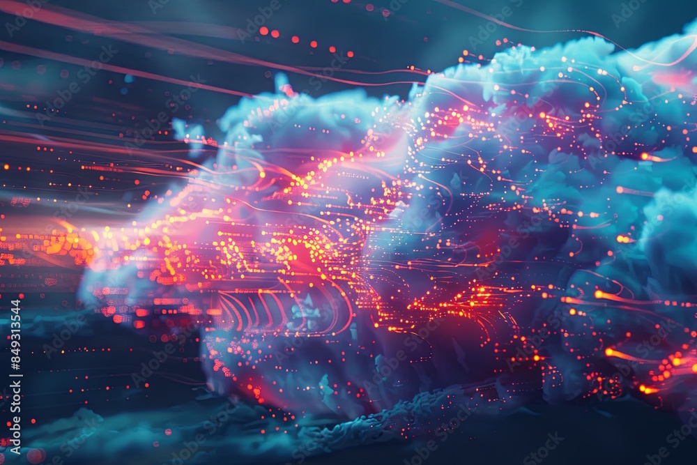 Fototapete Abstract visualization of cloud computing with digital elements representing data processing and AI operations in the cloud. Generative AI