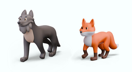 Realistic wolf and fox walking. Set of vector color templates of wild animals