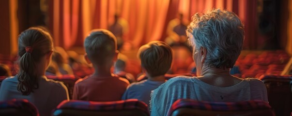 Naklejka premium Family attending a community theater performance for National Theater Day, engaging and entertaining show, 4K hyperrealistic photo.