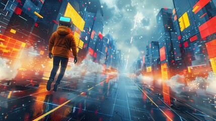 Person Walking Through Futuristic City With Digital Display