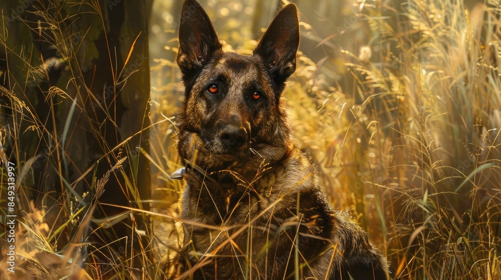 Canvas Prints Dutch Shepherd Dog s Portrait in Natural Setting with Trees and Long Grass