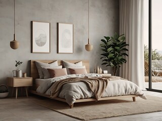 Minimal bedroom interior with Home decoration mock up. Cozy coastal stylish, furniture, comfortable bed, Modern design background with Generative AI.