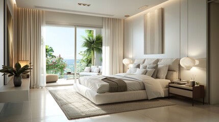 Discover the beauty of simplicity in a modern white bedroom, where clean aesthetics and soft hues create a serene and inviting atmosphere.