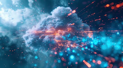 An abstract visualization of cloud computing with digital elements representing data processing and AI operations in the cloud. Generative AI