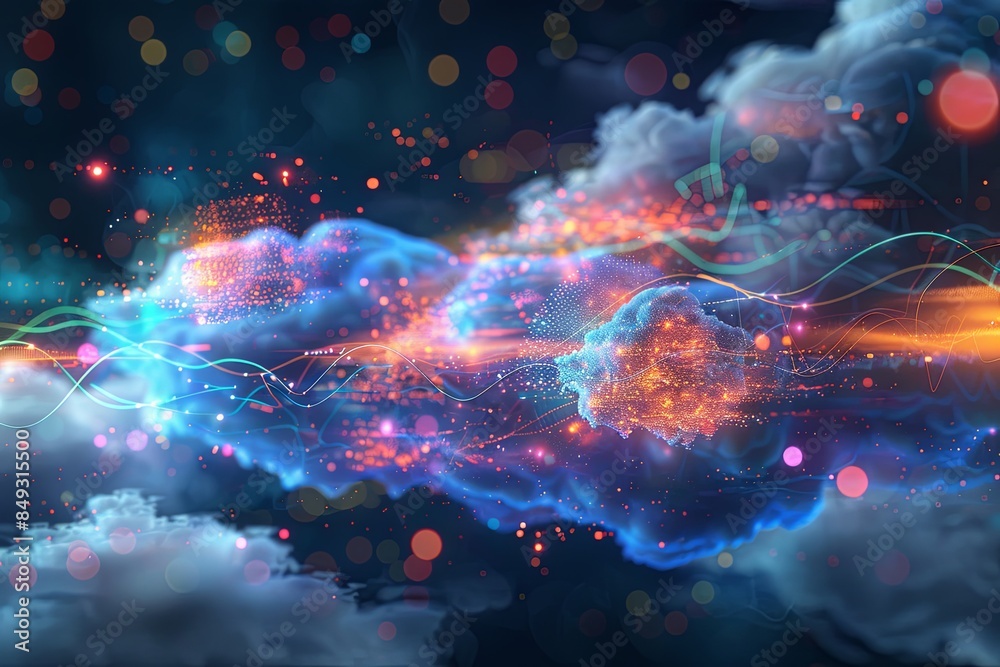 Poster An abstract visualization depicting data processing and AI operations in the cloud, represented by digital elements in a vibrant, colorful, and dynamic composition. Generative AI