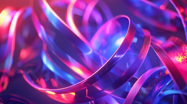 3D rendering of intertwined multicolored glowing neon lights in vibrant colors against a dark background.