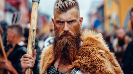 Viking warrior in historical reenactment with fur and weapon