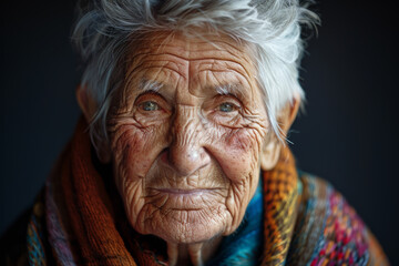 Close-up portrait of elderly Caucasian woman, studio photo