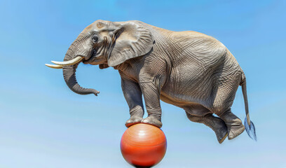 An elephant balancing on a red ball in the sunlight.