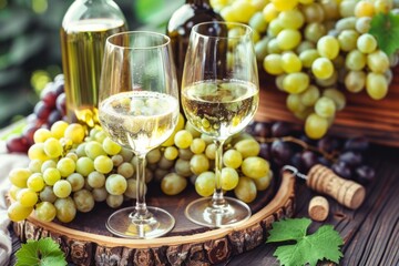 Obraz premium Elegant white wine tasting setup with fresh grapes
