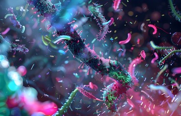 Fototapeta premium viruses and bacteria, pathogens that cause disease. Macro photography of viruses, Macro microscope image of a virus cell with influenza spikes, influenza, Omicron coronavirus, microbiology background