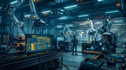 Fototapeta premium Dedicated Technicians Meticulously Maintaining Cutting Edge Automated Systems in Futuristic Factory