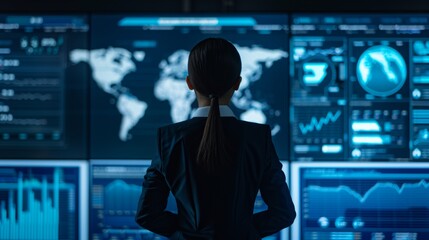 Professional woman analyzing global data on futuristic digital screens