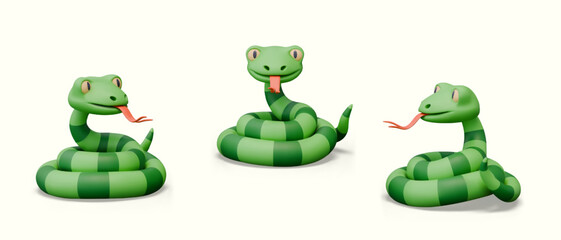 Striped green snake. Realistic reptile with protruding tongue. Wild animal, predator
