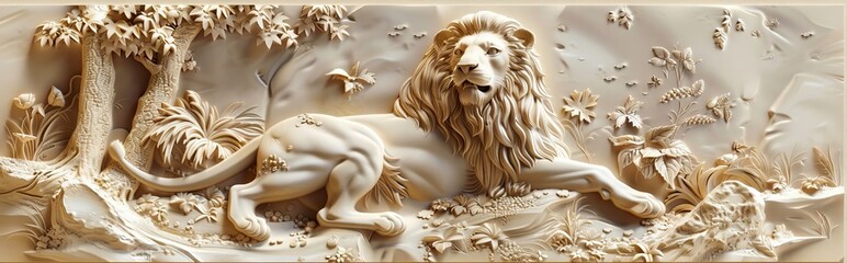 Beautiful lions 3d relief wallpaper. Mural wallpaper. Wall art. AI generated illustration.