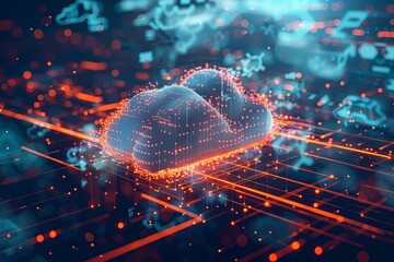 An abstract visualization of cloud computing with digital elements representing data processing and AI operations in the cloud. Generative AI