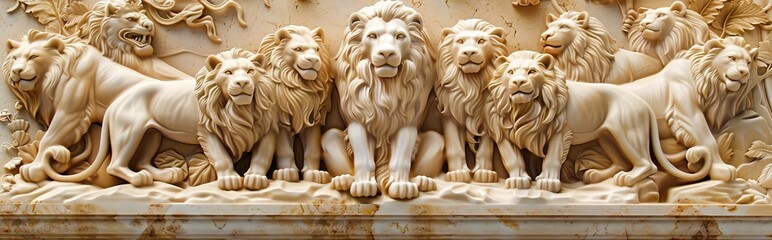 Beautiful lions 3d relief wallpaper. Mural wallpaper. Wall art. AI generated illustration.