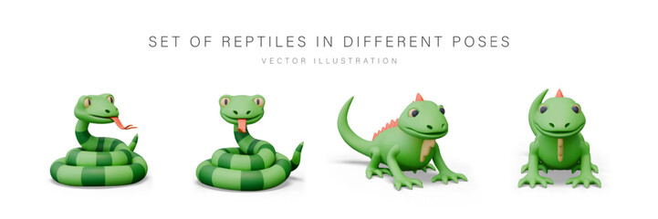 Set of 3D reptiles in different poses. Brown snake and green iguana